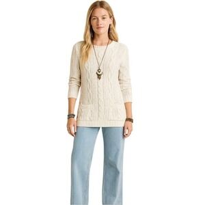 Jeanne Pierre Cable Knit Fisherman Sweater Cream Front Pockets‎ Preppy Small
